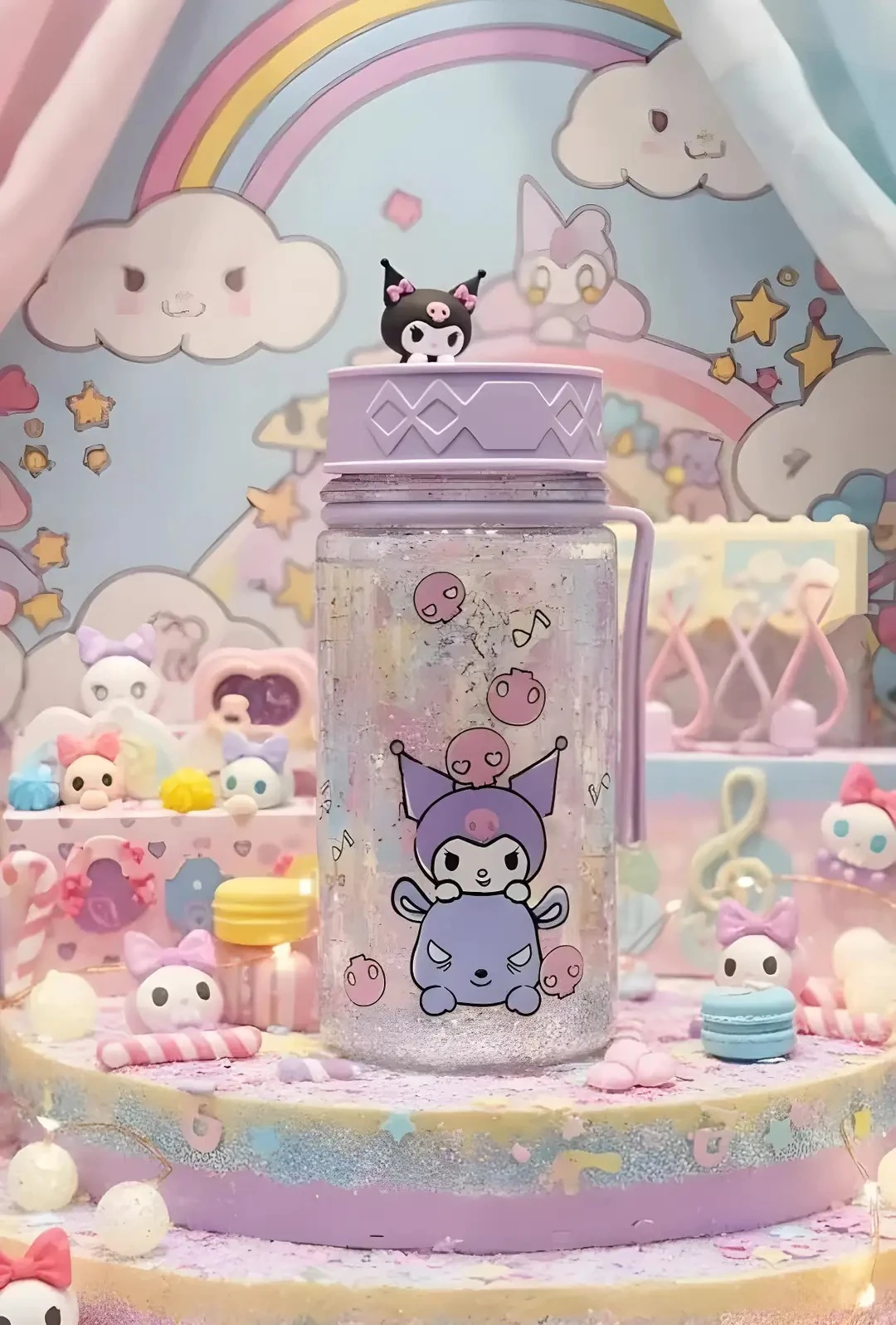 Sanrio Lisanslı Askılı Simli Plastik Şişe (300ml) - Kuromi - Cinnamoroll -  Pompompurin