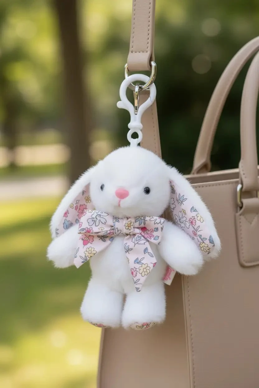 Miniso Lisanslı Fiyonklu Tavşan Peluş Anahtarlık – Beyaz 15 Cm