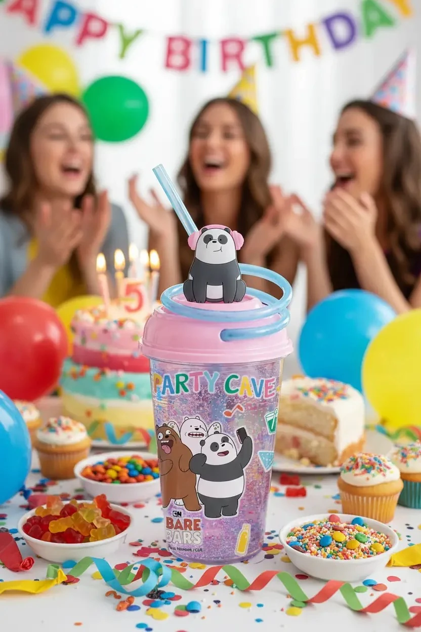 We Bare Bears Lisanslı Döndürülen Pipetli Plastik Bardak