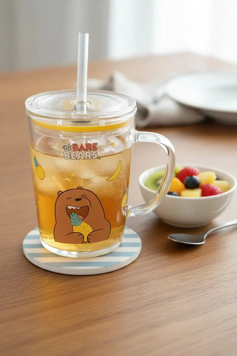 We Bare Bears Lisanslı Pipetli Cam Bardak (400Ml) - Boz Ayı