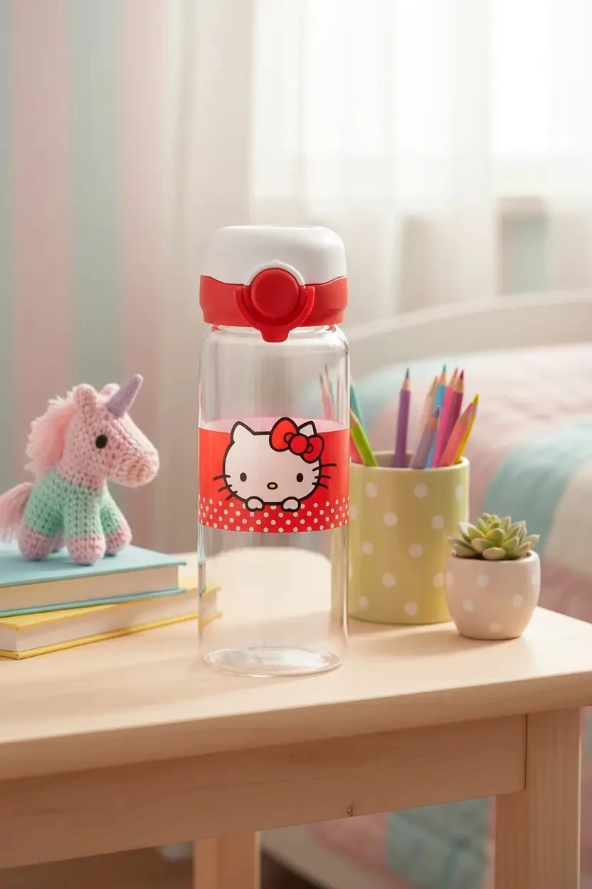 Sanrio Lisanslı Hello Kitty Cam Şişe – Otomatik Kapaklı Elma Serisi 410 ML