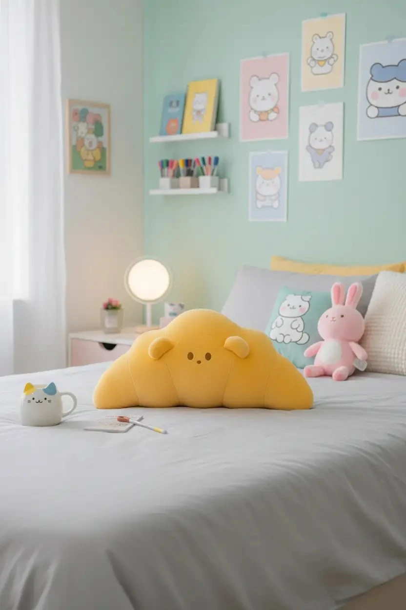 Miniso Lisanslı Yumuşak Kruvasan Şekilli Dekoratif Yastık – Sevimli Yüz Detaylı 48 Cm
