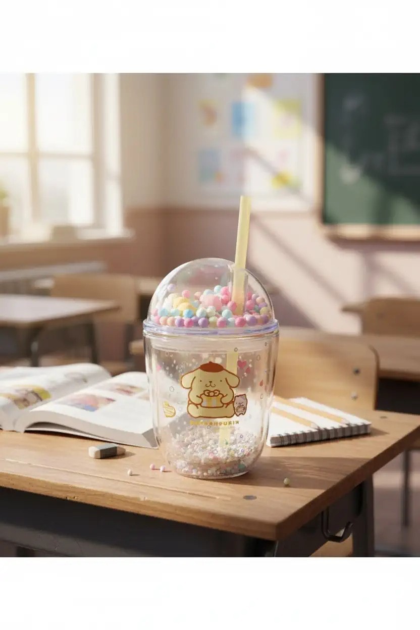 Sanrio Lisanslı Boncuklu Kapaklı Pipetli Plastik Şişe (435Ml) - Pompompurin