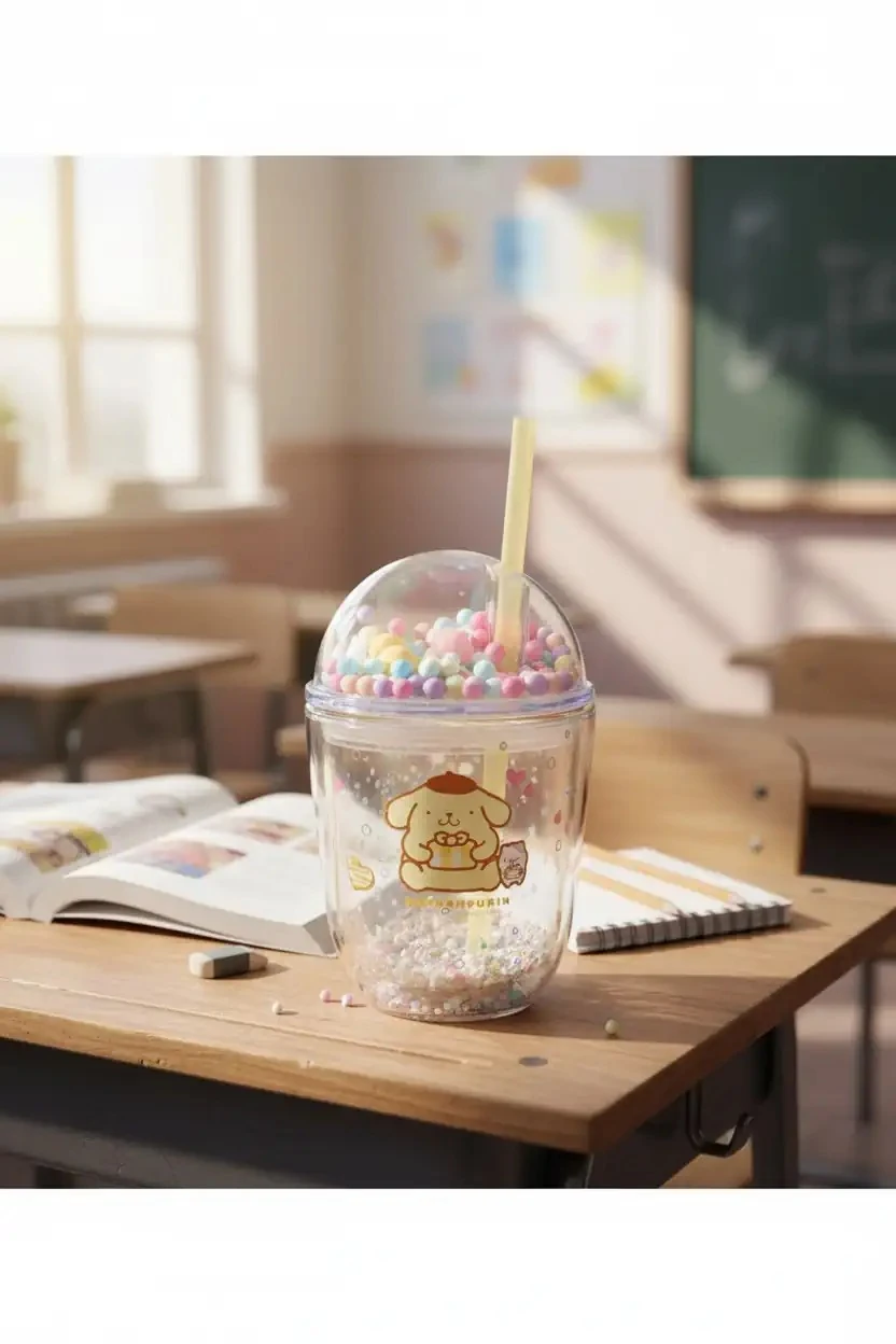 Sanrio Lisanslı Boncuklu Kapaklı Pipetli Plastik Şişe (435Ml) - Pompompurin (Outlet)