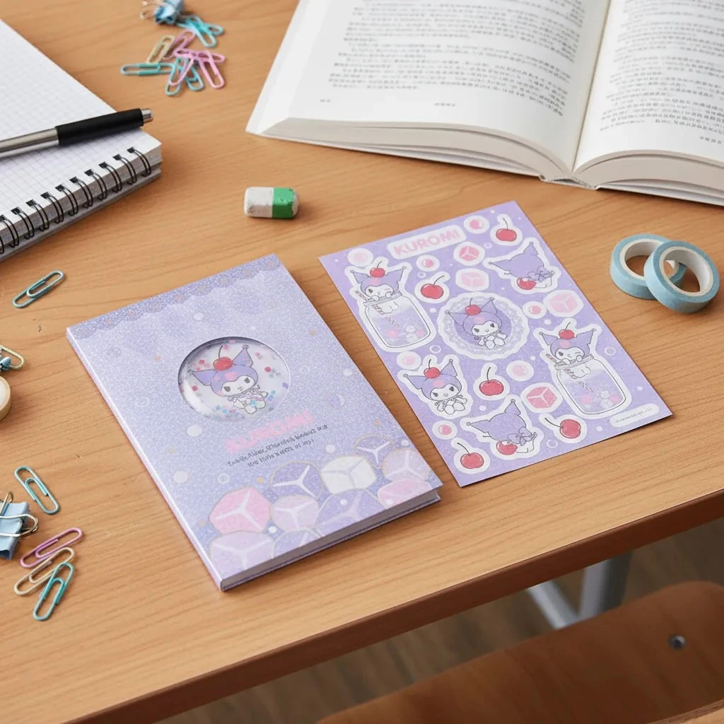 Sanrio Lisanslı Renkli Yaz Serisi Sert Kapak 80Yp. Kareli Not Defteri ve Sticker - Kuromi