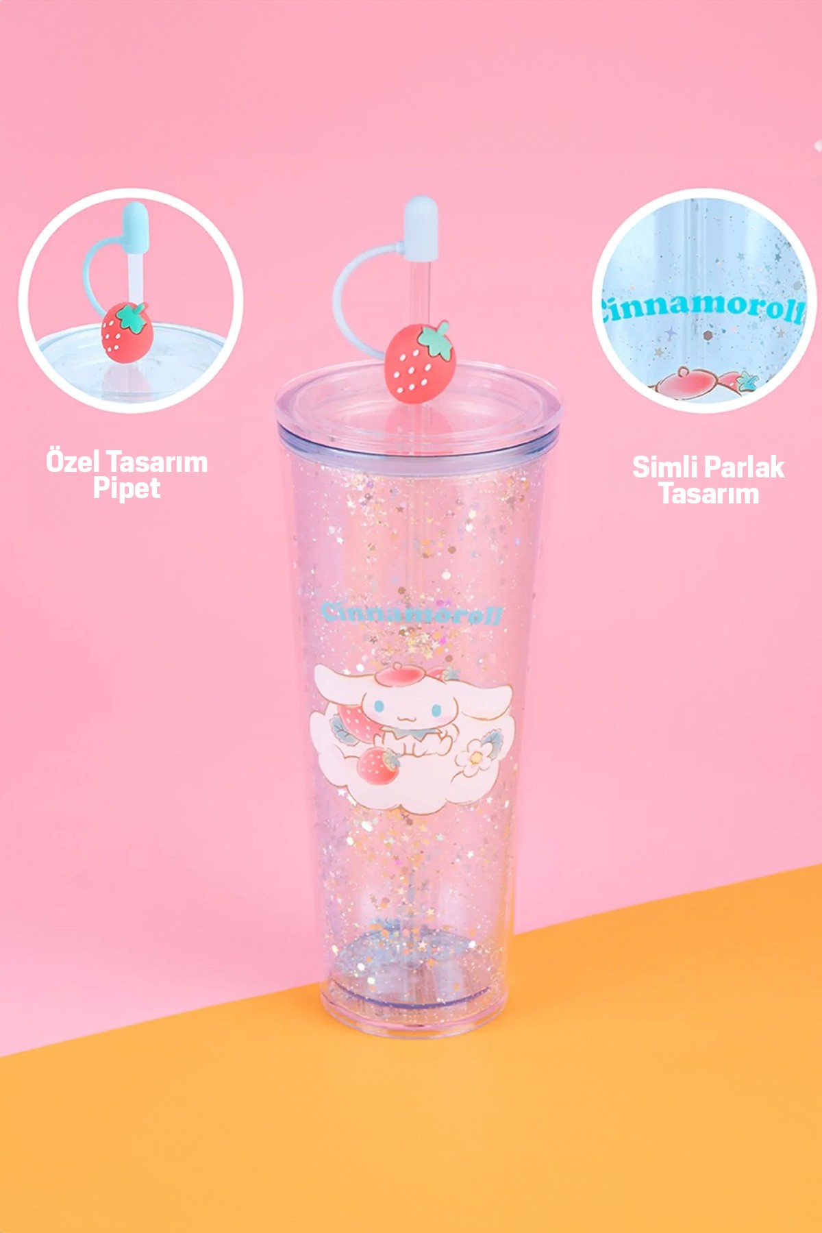 Sanrio Lisanslı Çift Cidarlı Pipetli Plastik Şişe (800ml) - Cinnamoroll