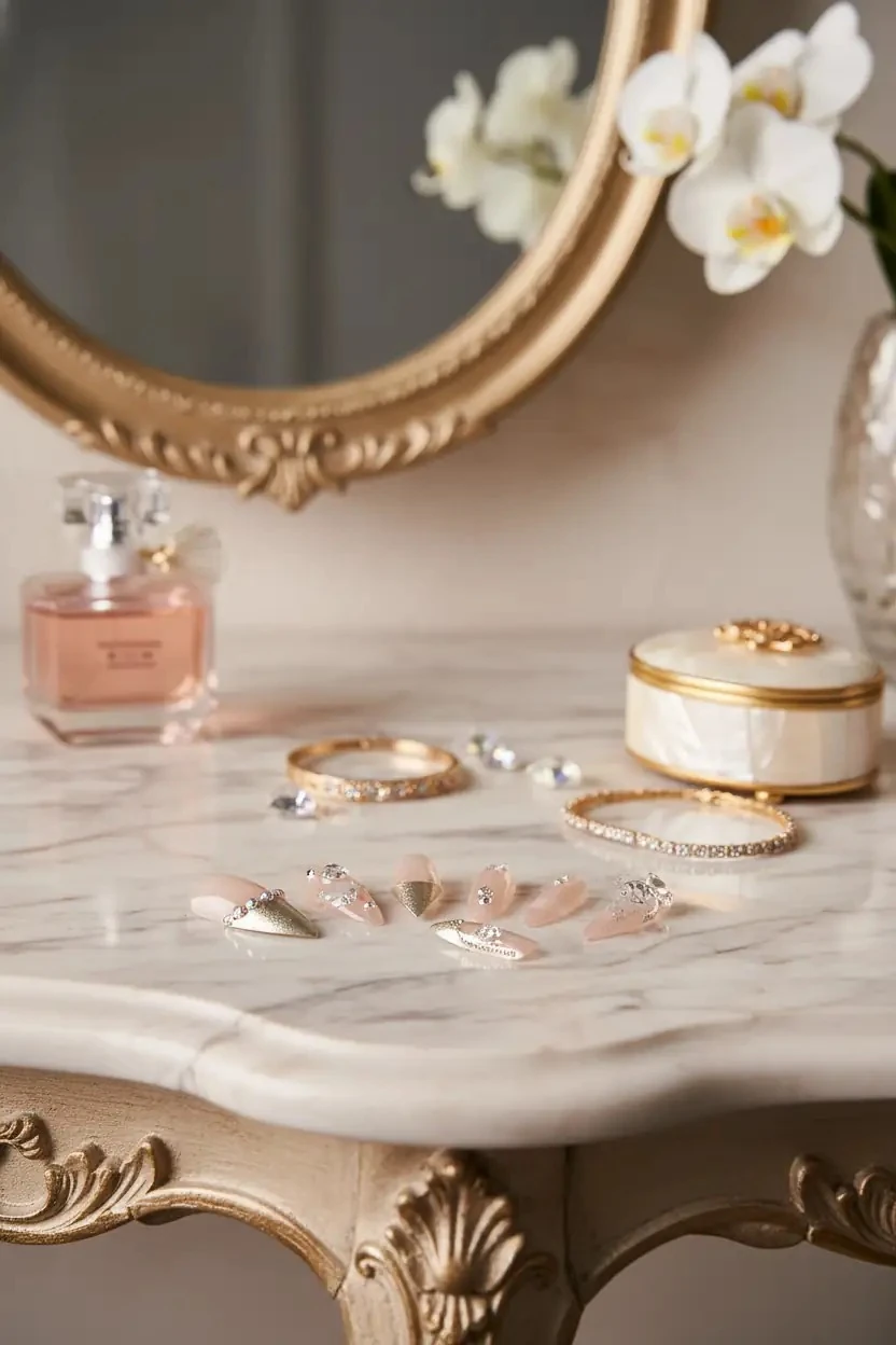 Gold Beauty Taşlı Takma Tırnak – Kendinden Yapışkanlı ve Zarif Detaylı Pratik Set