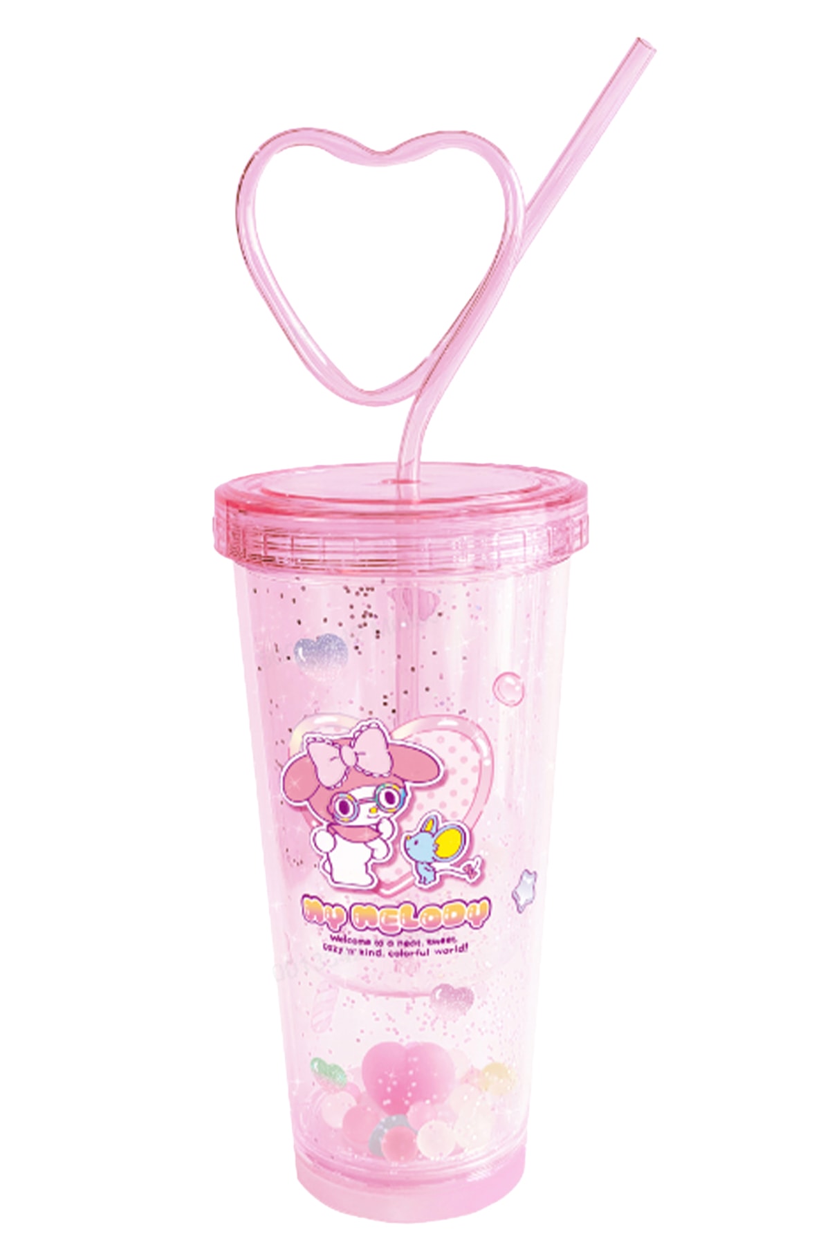 Sanrio Lisanslı My Melody Tatlı Fabrikası Serisi Kalp Çift Duvarlı Plastik Şişe Pipetli 440 mL