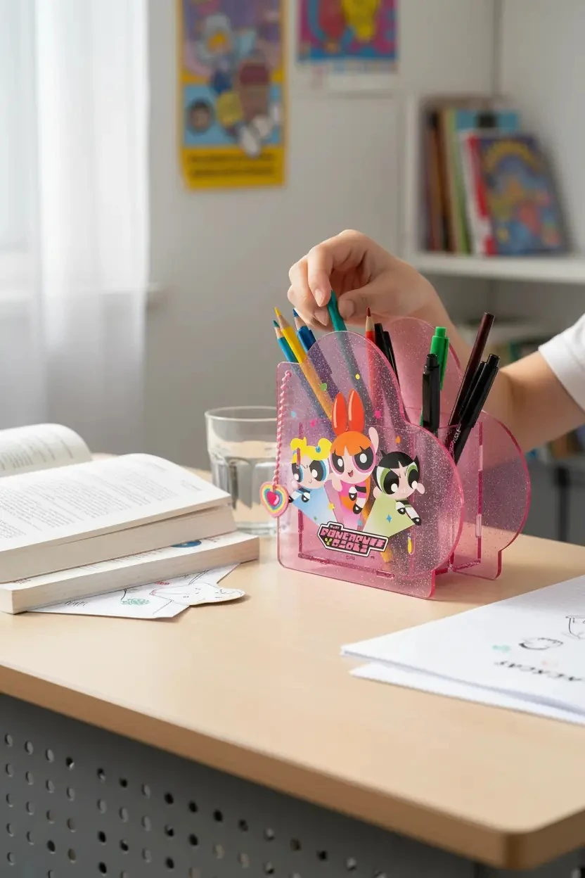 Powerpuff Girls Lisanslı Kalpli Kalemlik Şeffaf Pembe Masaüstü Organizer 12 Cm