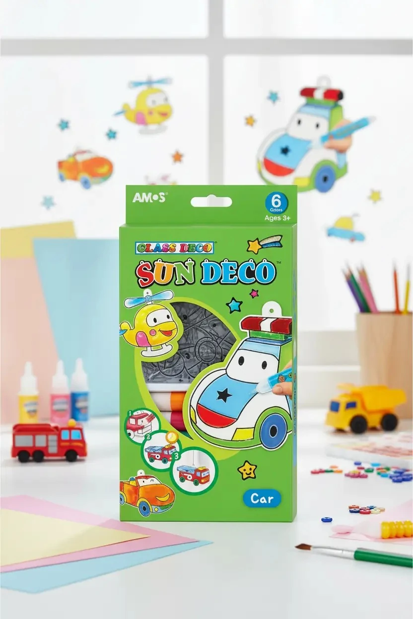 Amos Cam Boyama Seti Sun Deco Arabalar – Çocuklar İçin Çıkarılabilir Sticker Aktivite Seti