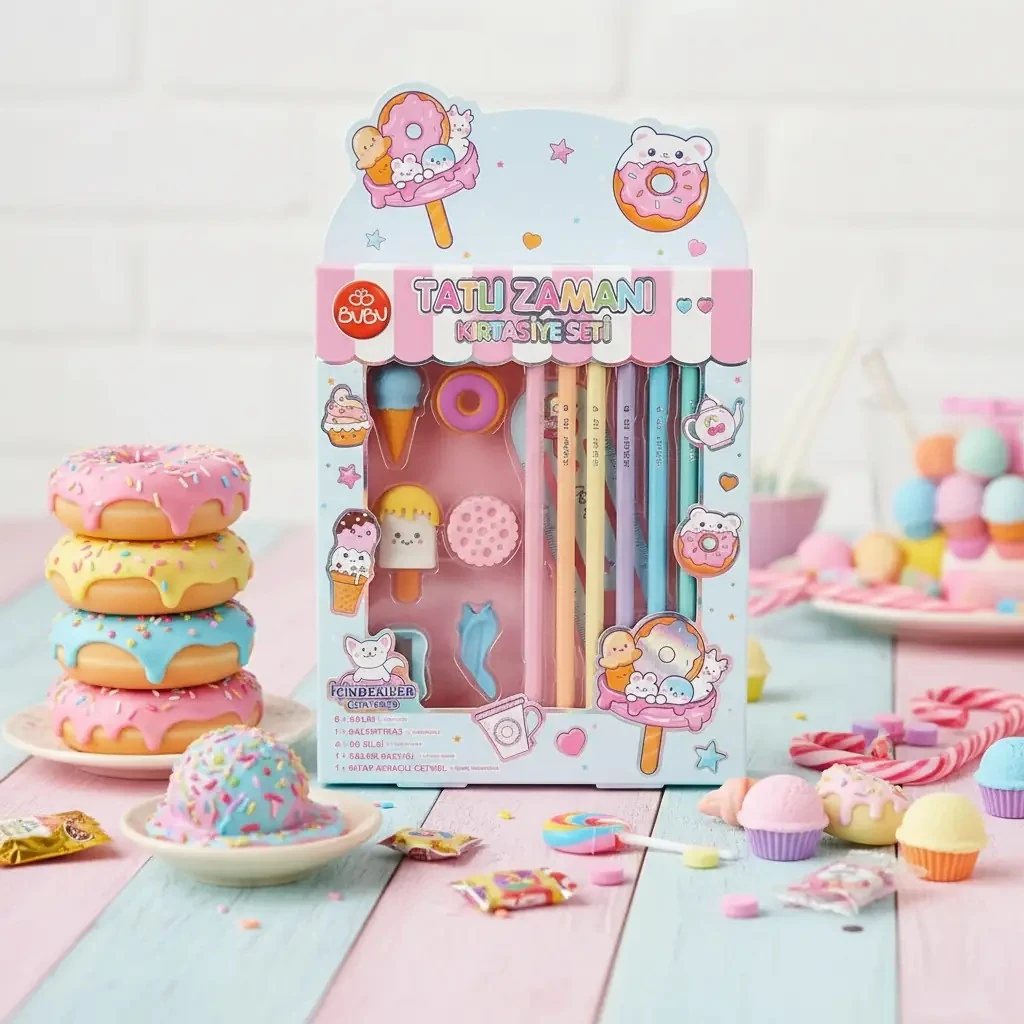 Bu-Bu Kırtasiye Seti – Tatlı Zamanı Temalı Eğlenceli Okul Hazırlık Seti (15 Parça)