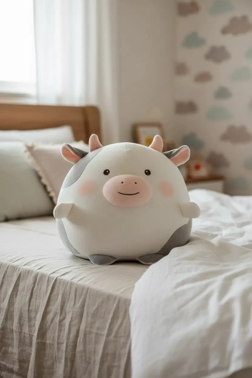Miniso Lisanslı Yuvarlak İnek Peluş Oyuncak – Yumuşak Dokulu Gülen Yüz Tasarımlı Figür