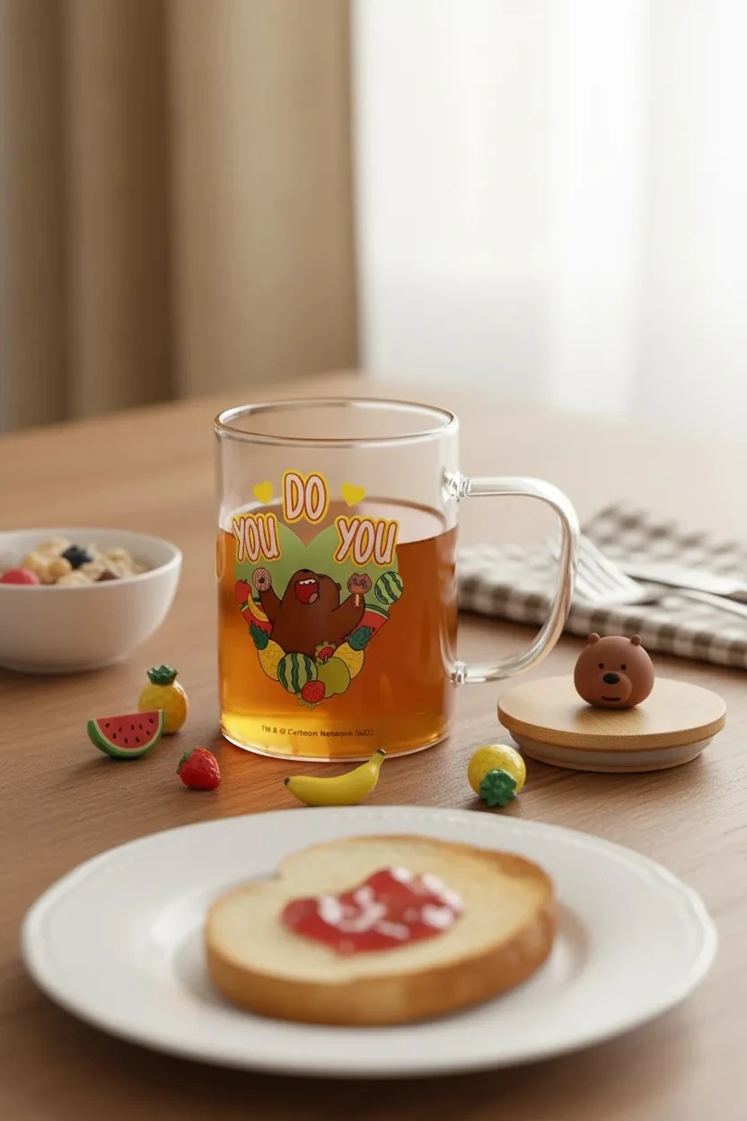 We Bare Bears Lisanslı Ahşap Kapaklı Borosilikat Cam Bardak- Boz Ayı