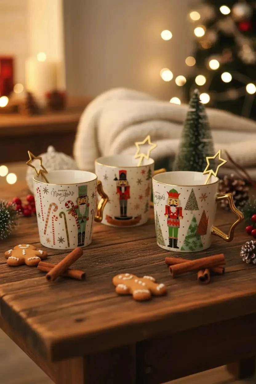 Yeni Yıl Temalı Kaşıklı Porselen Kupa