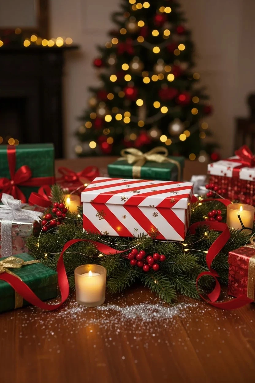 Kırmızı Şeritli Yılbaşı Sürpriz Kutusu – 35 cm