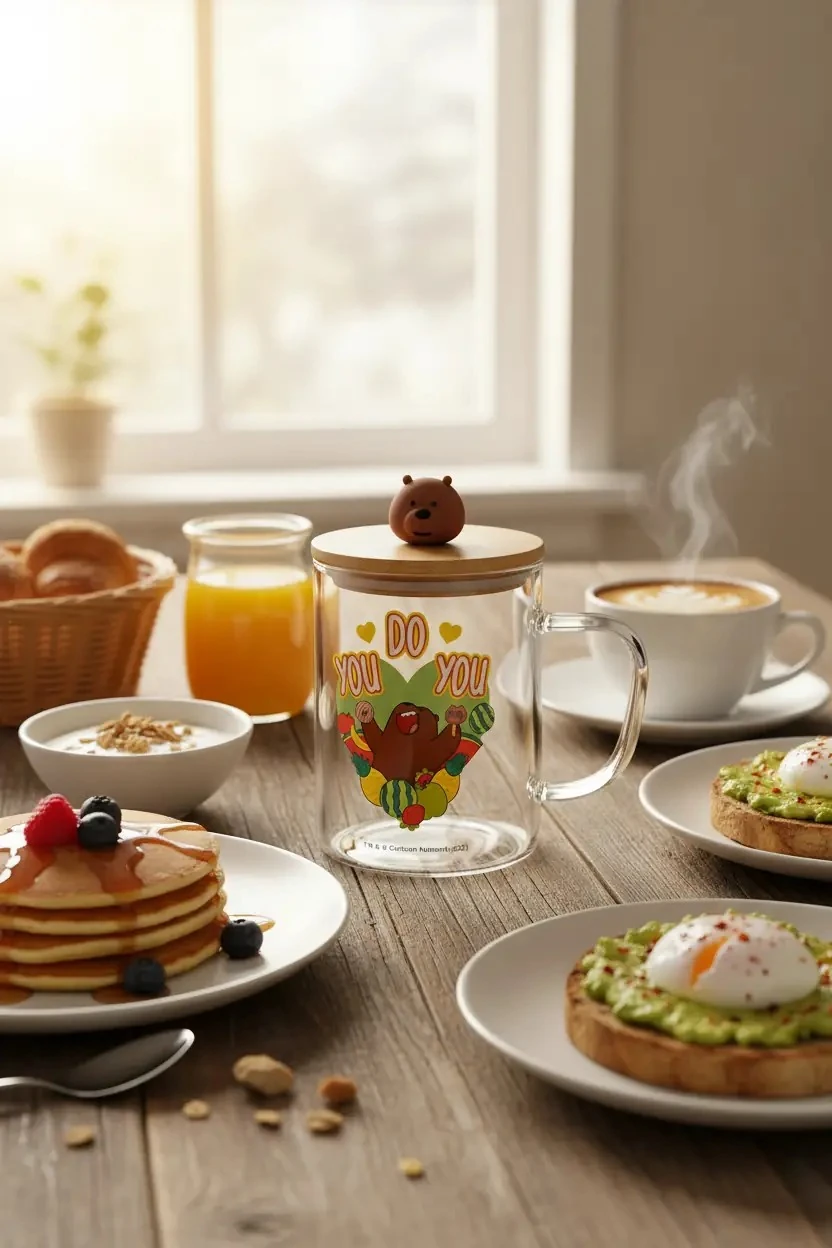 We Bare Bears Lisanslı Boz Ayı Ahşap Kapaklı Cam Bardak 12 CM