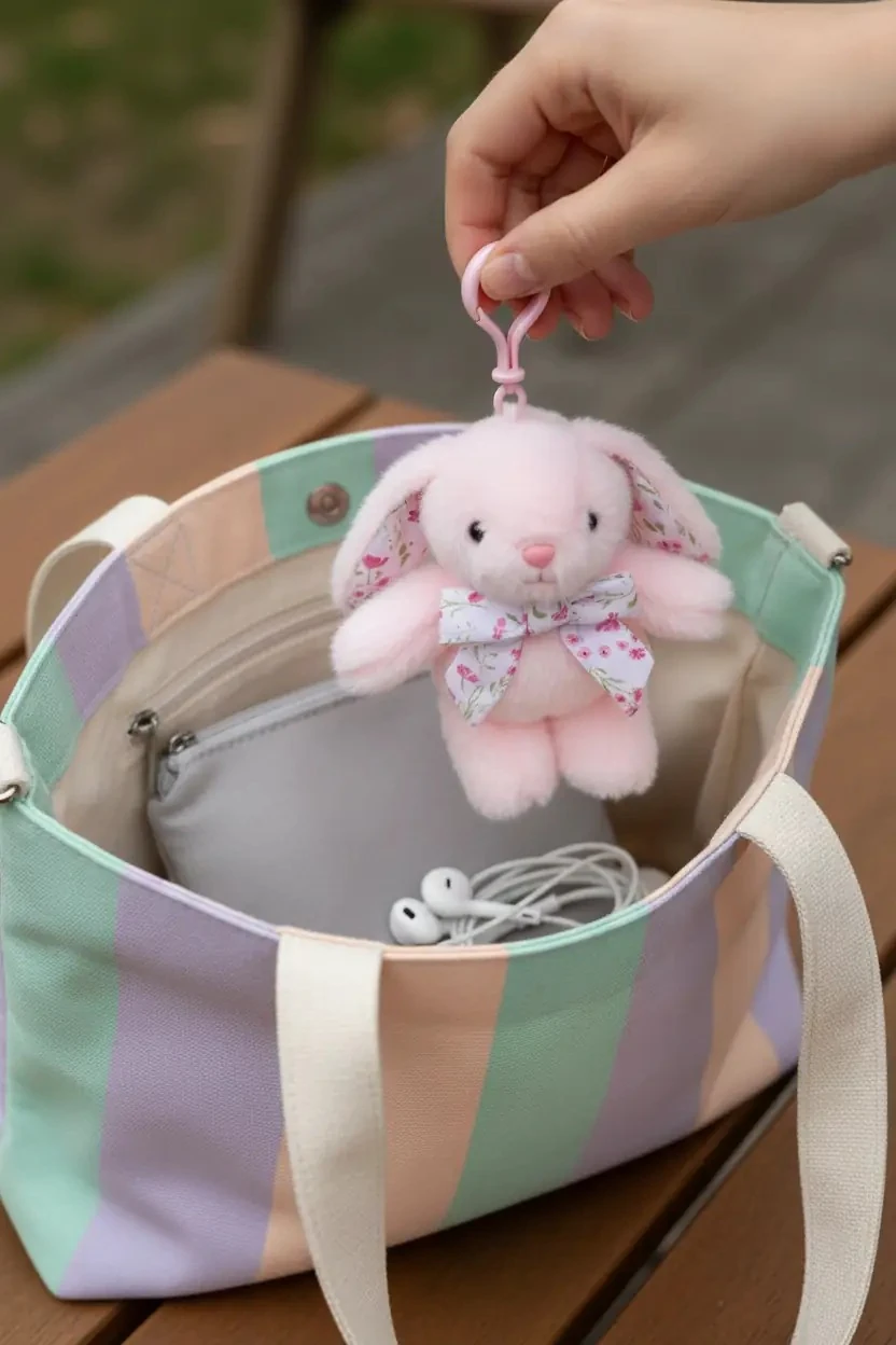 Miniso Lisanslı Fiyonklu Tavşan Peluş Anahtarlık – Pembe 15 Cm