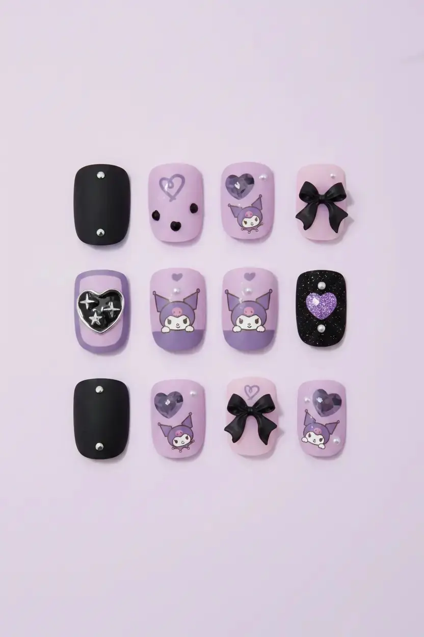 MINISO Sanrio Lisanslı Kuromi Jel Yapışkanlı Takma Tırnak – ve Mor Şık Tasarım Model 06