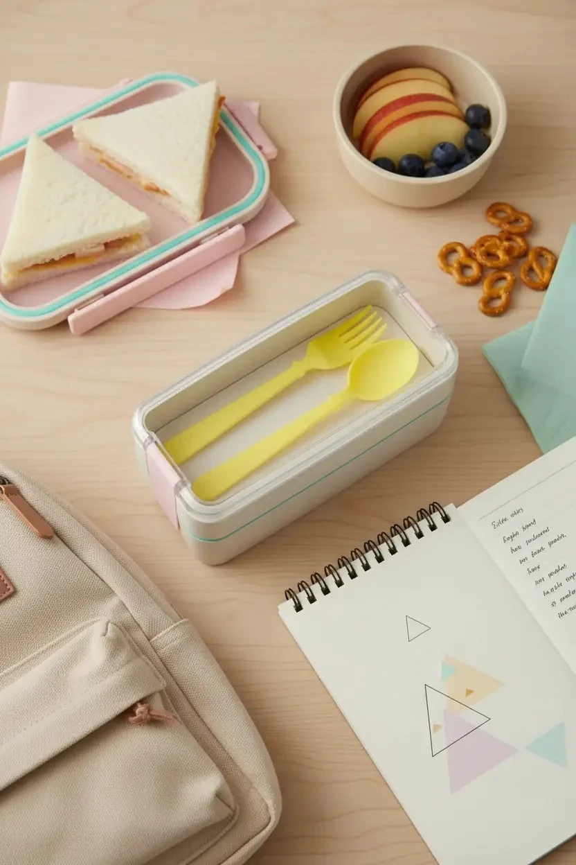 Miniso Lisanslı Çizgili Çift Katlı Beslenme Kutusu 750 mL Bej – Çatal Kaşık Setli