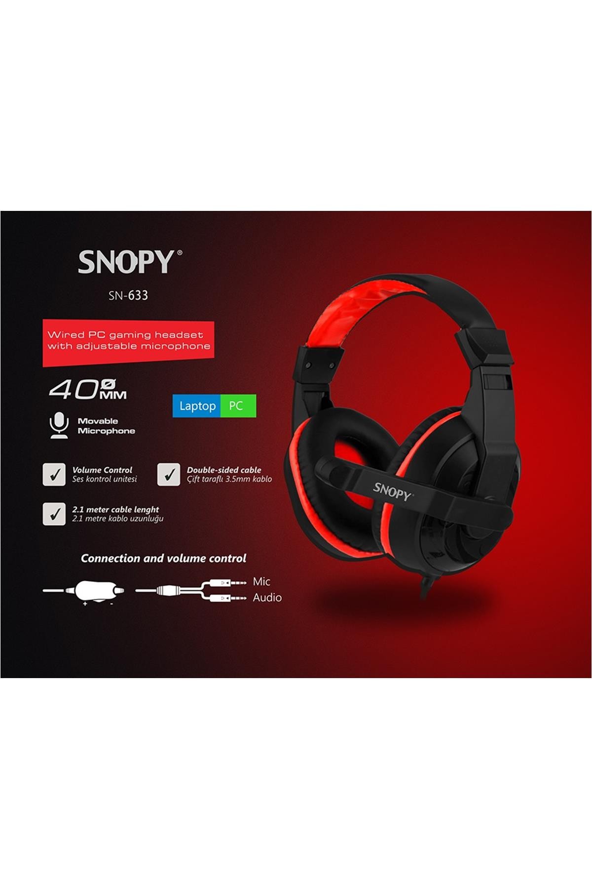 Snopy Sn-633 X-Bloom Kulak Üstü Gaming Oyuncu Mikrofonlu Kulaklık Siyah/Kırmızı