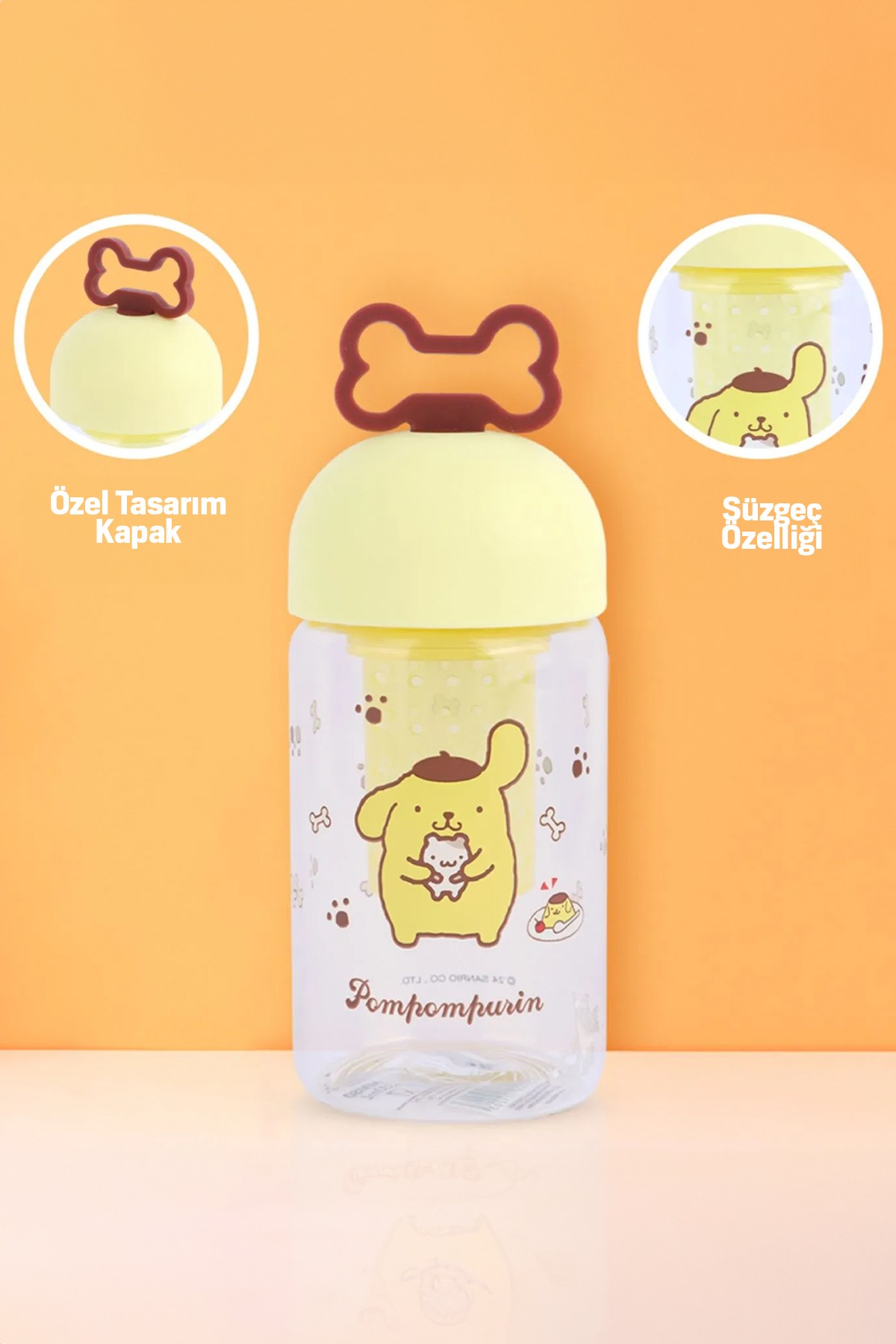 Sanrio Lisanslı Süzgeçli Borosilikat Cam Şişe - Pompompurin