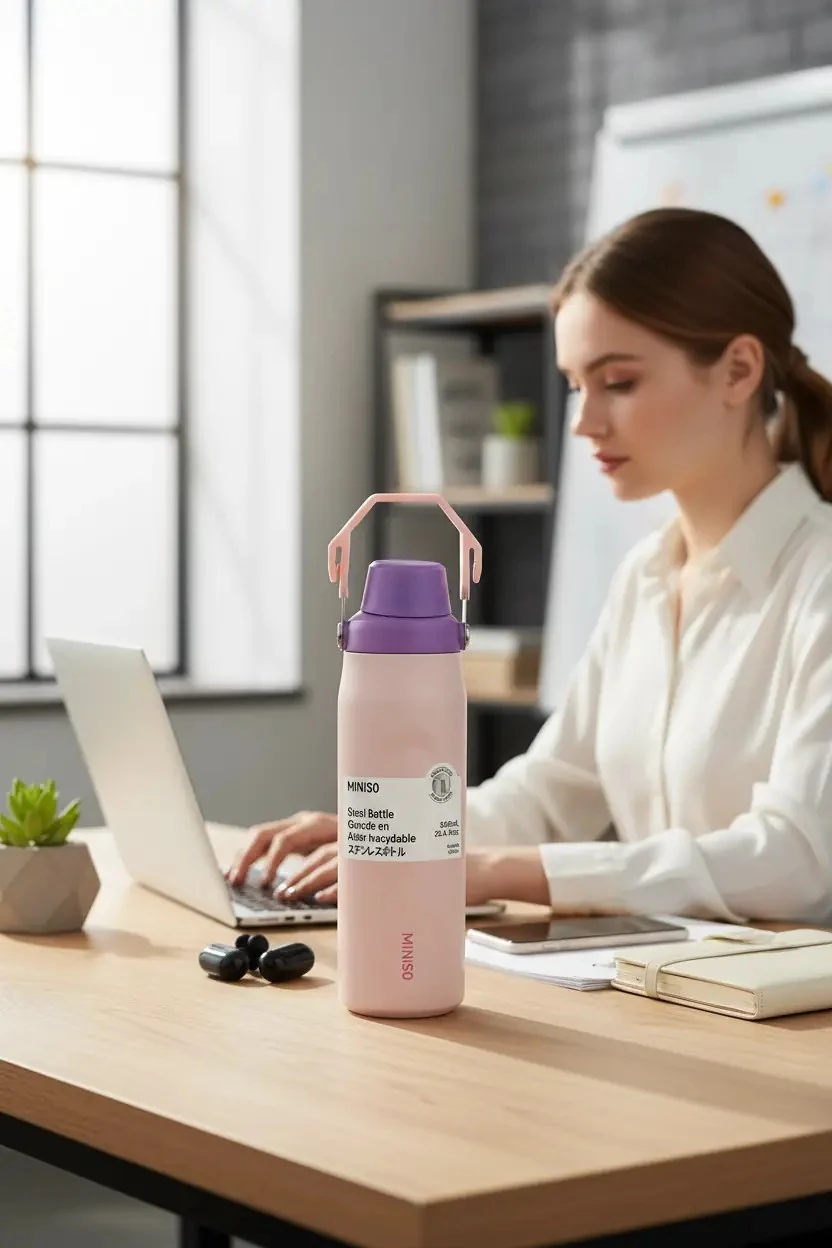 Miniso Lisanslı Saplı Paslanmaz Çelik Şişe 840 mL – Çift Katmanlı Pembe