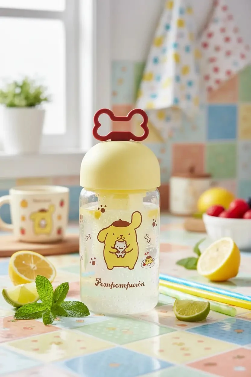 Sanrio Lisanslı Pompompurin Süzgeçli Borosilikat Cam Şişe 350 ML