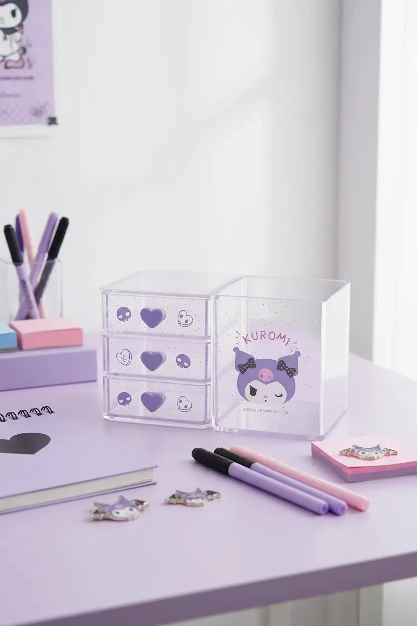 Sanrio Lisanslı Kuromi Mini 3 Katmanlı Masa Düzenleyici – Şeffaf Gövdeli Organizer 13.5 Cm