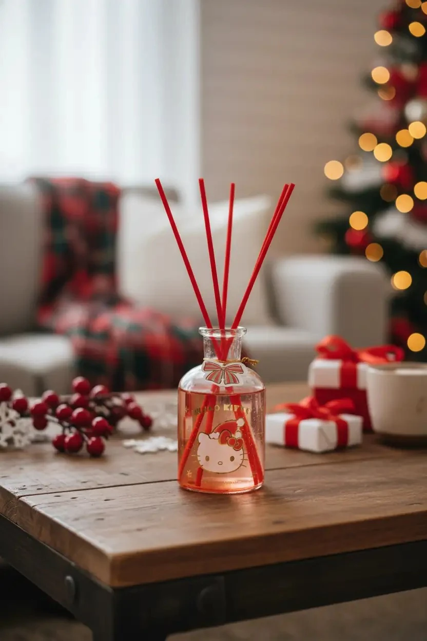 Sanrio Lisanslı Hello Kitty Yılbaşı Koleksiyonu Oda Kokusu – Cam Şişe ve Fiber Çubuklu Ev Parfümü