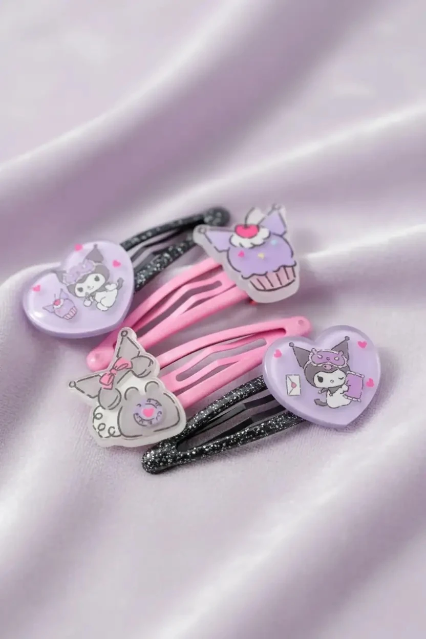 Sanrio Lisanslı Kuromi Figürlü Saç Tokası 11,5 Cm – Pembe Siyah Sevimli Aksesuar Seti