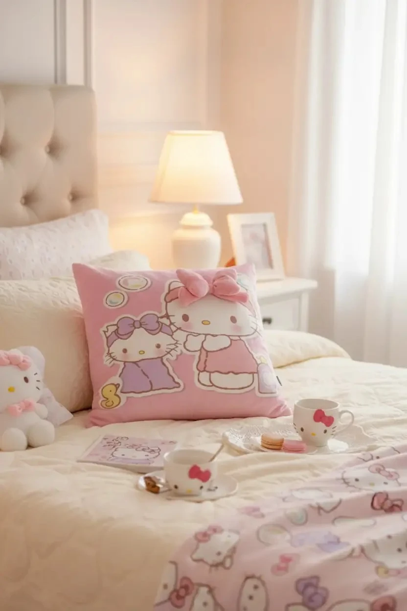 Sanrio Lisanslı Hello Kitty Kare Yastık 40 Cm – 3D Baskı Yumuşak Dekoratif