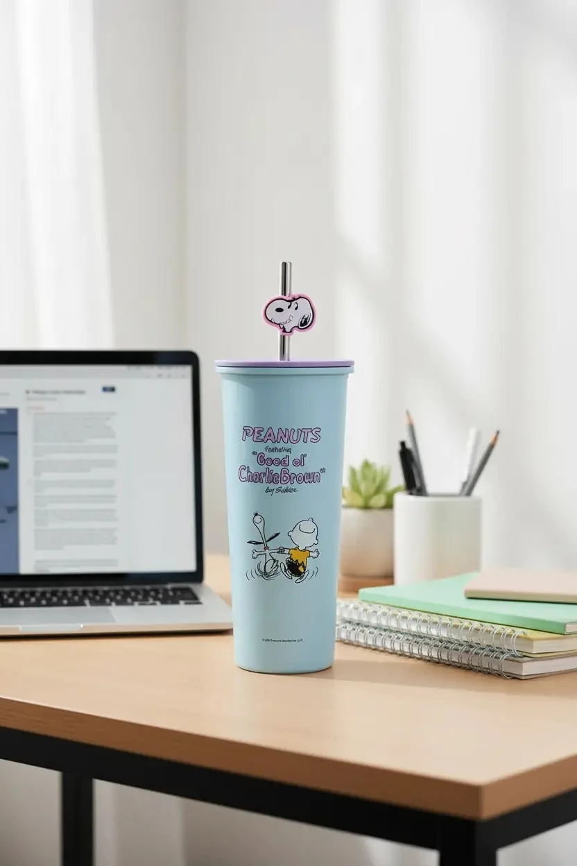 Snoopy Lisanslı Pipetli Paslanmaz Çelik Su Kabı (800ML) - Mavi