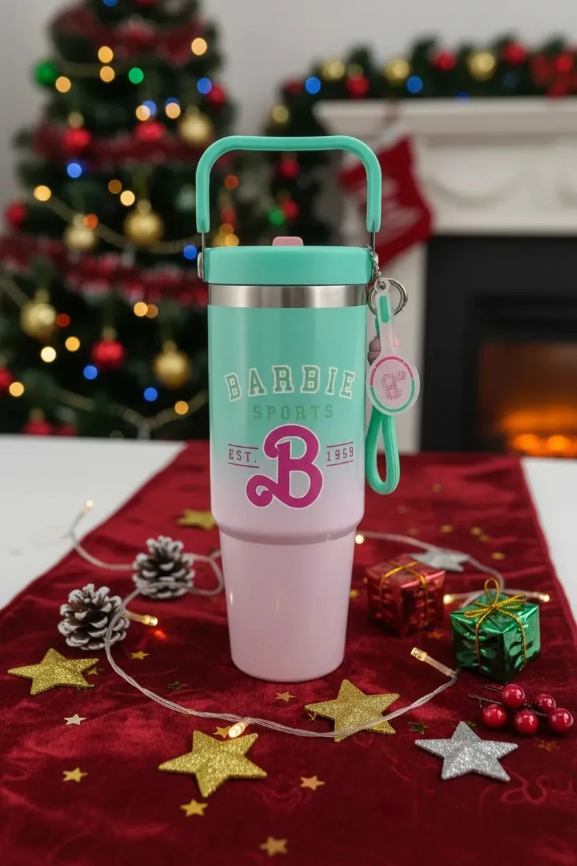 Barbie Lisanslı Çift Cidarlı Pipet ve Tutacaklı Çelik Matara