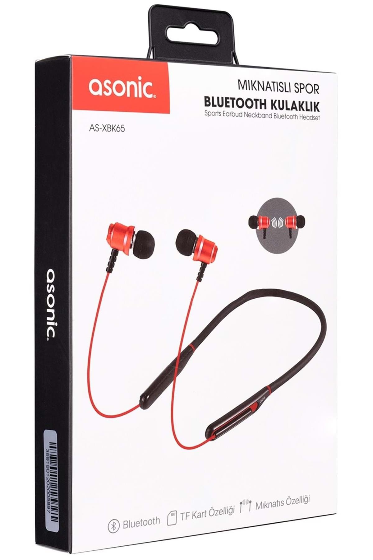 Asonic As-Xbk65 Kırmızı Boyun Askılı Mıknatıslı Bluetooth+Tf Kart Spor Kulak İçi Kulaklık