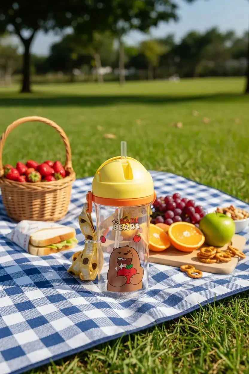 We Bare Bears Lisanslı Boz Ayı Pipetli Suluk – Omuz Askılı Sızdırmaz Matara 400 ML