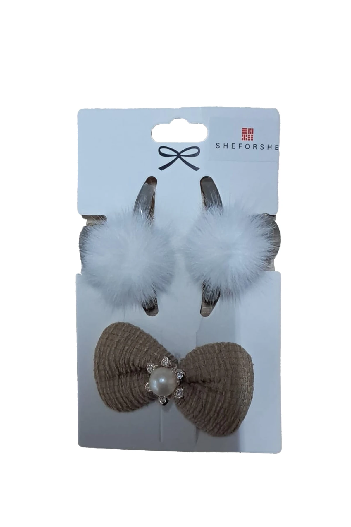 Bej-Kahve Fiyonklu Lastik Toka 2'li + Tüylü Mandal Toka 4'lü