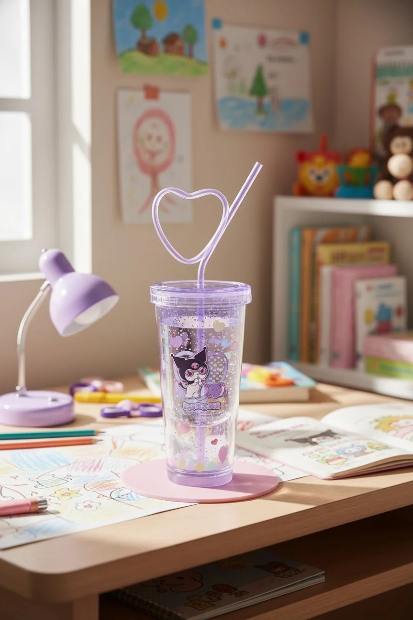 Sanrio Lisanslı Kuromi Tatlı Fabrikası Serisi Kalp Çift Duvarlı Plastik Şişe Pipetli 440 mL