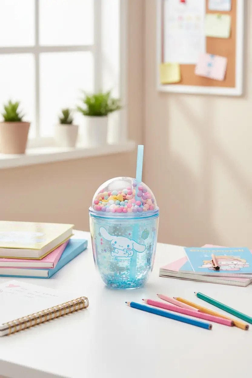 Sanrio Lisanslı Boncuklu Kapaklı Pipetli Plastik Şişe (435Ml) -  Cinnamoroll