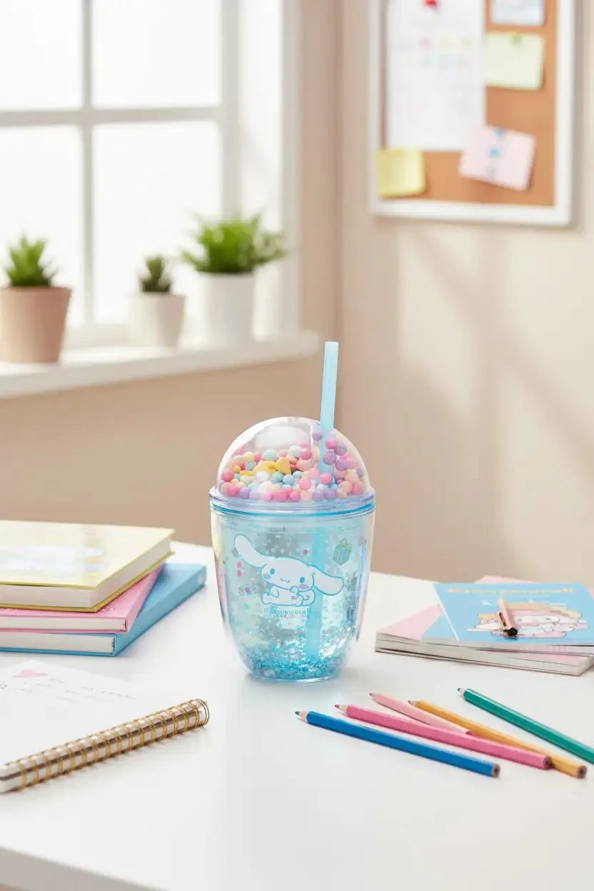 Sanrio Lisanslı Boncuklu Kapaklı Pipetli Plastik Şişe (435Ml) - Cinnamoroll (Outlet)