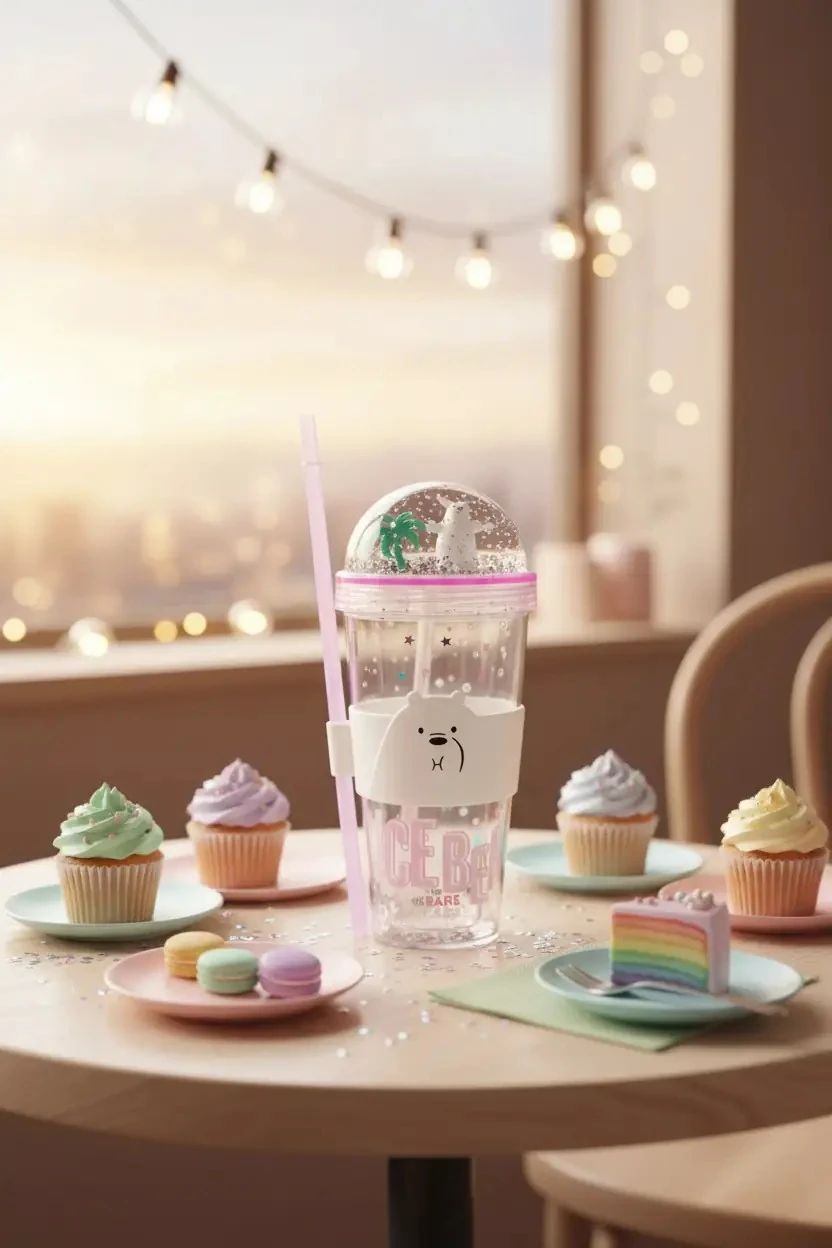 We Bare Bears Lisanslı Ice Bear Tasarımlı Pipetli ve Kapaklı Simli Plastik Suluk - BPA İçermeyen Matara