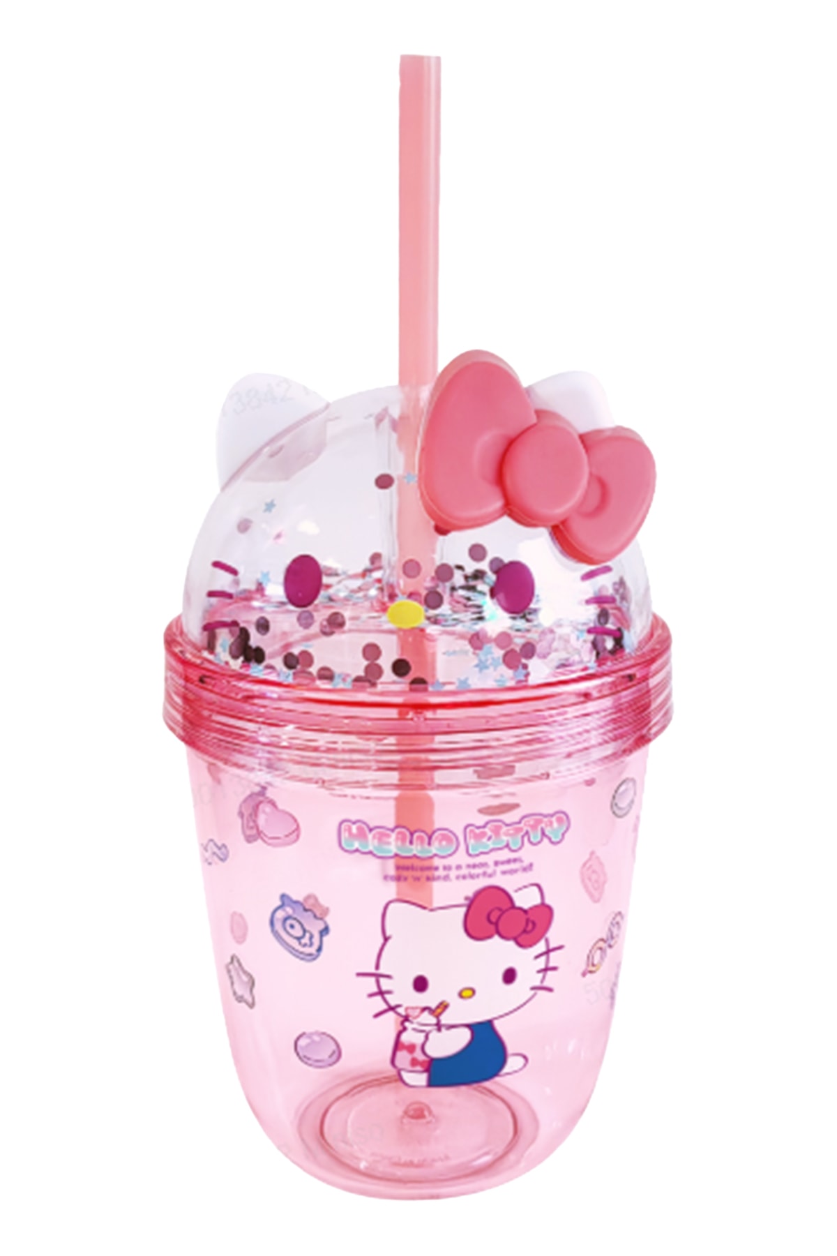 Sanrio Lisanslı Hello Kitty Tatlı Fabrikası Serisi Plastik Şişe Pipetli ve Süslemeli 435 mL