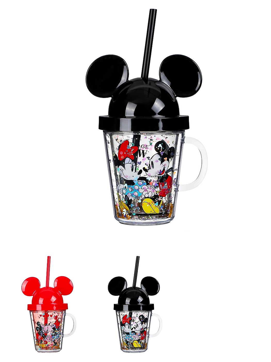 Mickey Mouse Serisi Kapaklı ve Pipetli Şeffaf Bardak