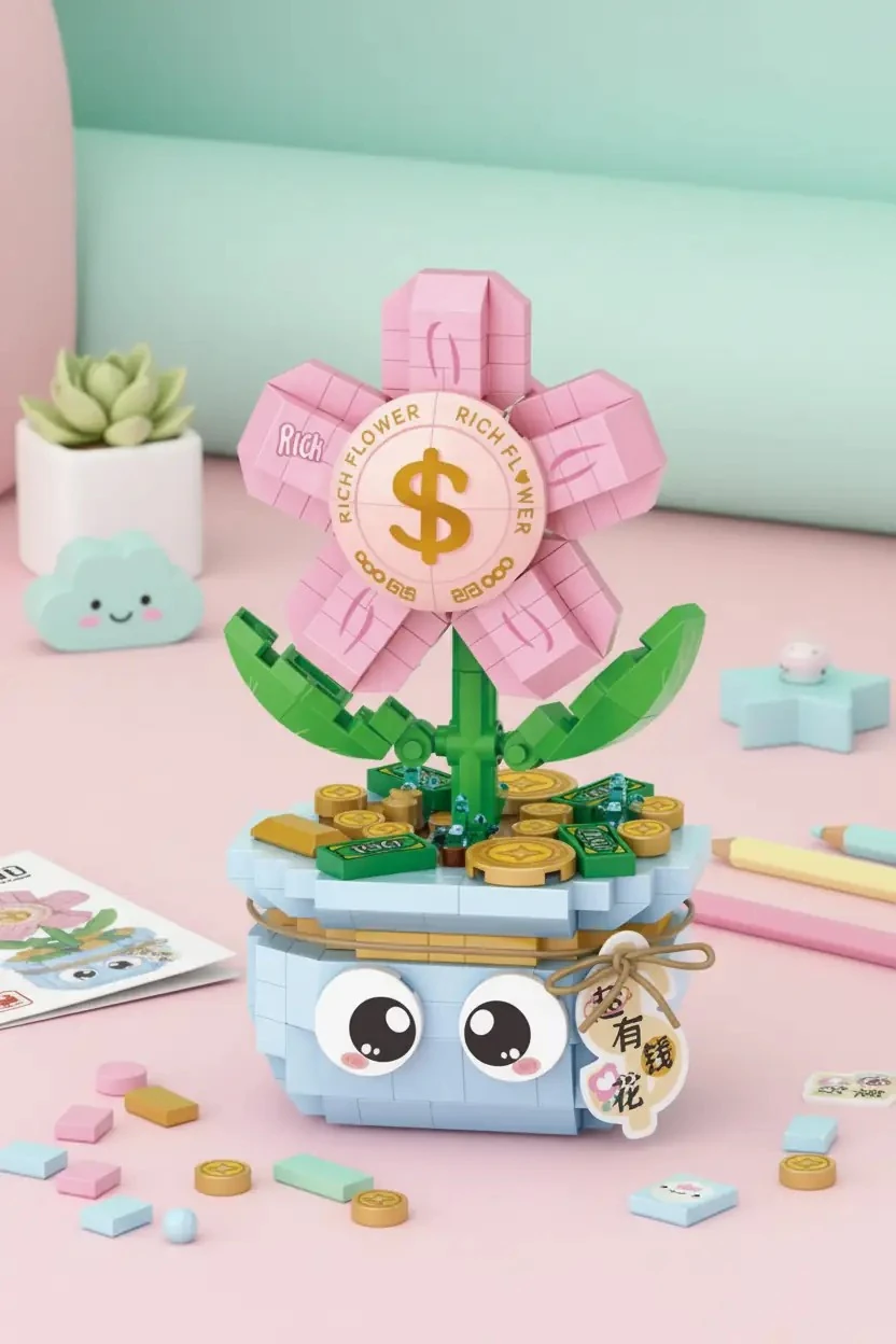 Miniso Lisanslı Bahar Ev Bitkileri Serisi Oyun Bloğu Para Çiçeği – Dekoratif Eğitici Oyuncak 10 Cm