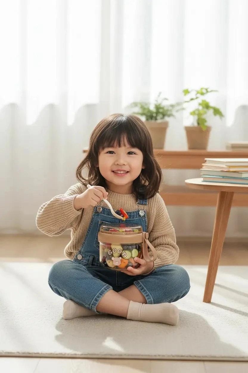 Miniso Lisanslı Tutacaklı Çizgi Karakterli Salata Kasesi – Sos Kaplı ve Çatal Bıçak Takımlı Sızdırmaz Kap 650 mL (Kahverengi)