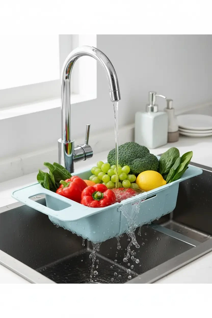 Miniso Lisanslı Ayarlanabilir Lavabo Süzgeci – Mavi Fonksiyonel Meyve Sebze Yıkama ve Bulaşık Süzücü 37,8 Cm