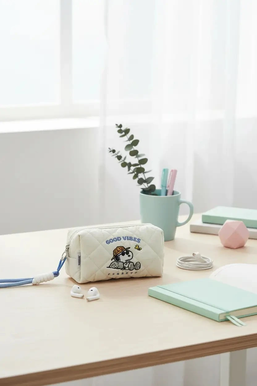 Snoopy Lisanslı Yumuşak Kumaşlı Askılı Kalemlik – Kapitone Dokulu Şık Tasarım 17 Cm