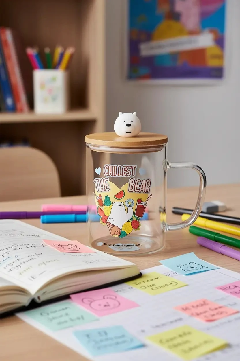 We Bare Bears Lisanslı Ahşap Kapaklı Borosilikat Cam Bardak- Kutup Ayısı