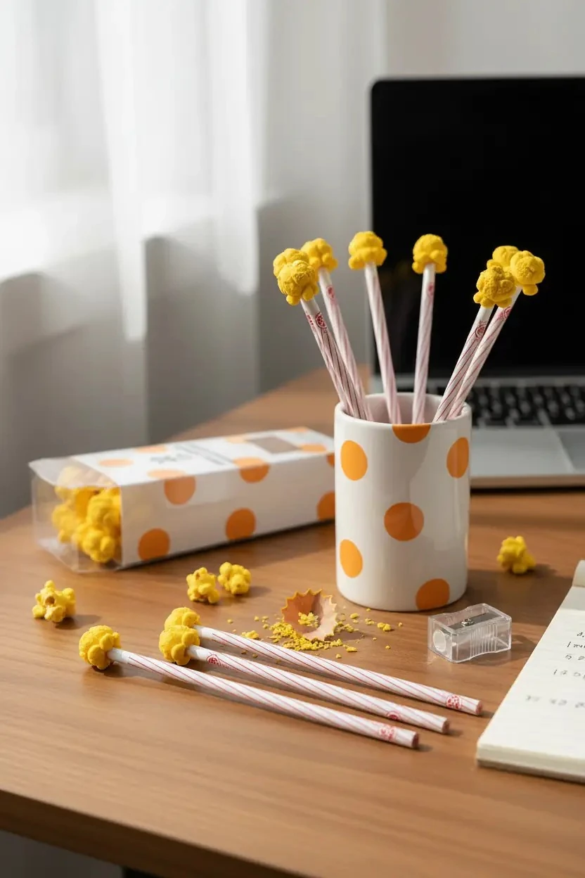 Miniso Lisanslı Patlamış Mısır Figürlü Kurşun Kalem Seti – 10'lu Paket – Eğlenceli Kırtasiye