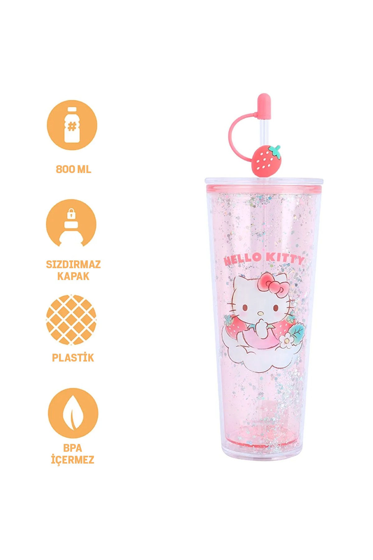 Sanrio Lisanslı Çift Cidarlı Pipetli Plastik Şişe (800ml) - Hello Kitty