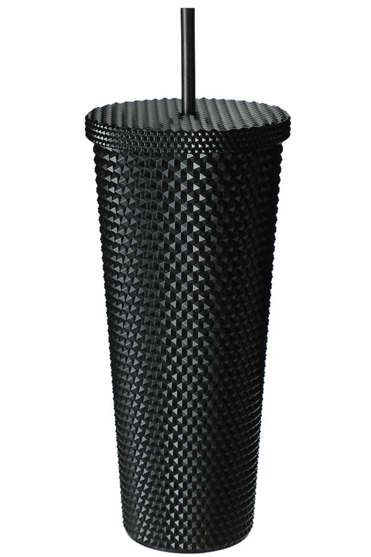 Dokulu Tasarım Pipetli Plastik Şişe (680Ml) - Siyah